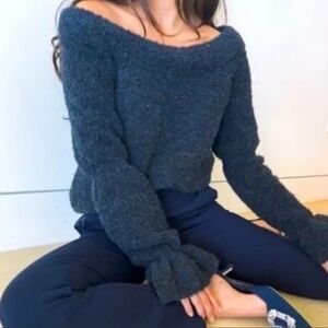 New Something Navy Maisie Sweater Off The Shoulder Dark Blue Tan Wool Blend XS